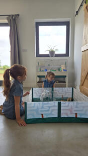 Twee kinderen spelen met hun hamster die in de hamsterbox zit.