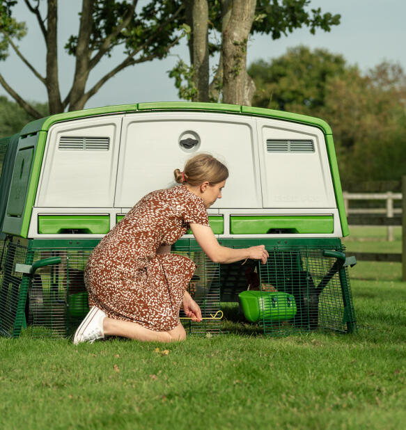 Een vrouw opent de deuren onderaan het kippenhok van Eglu pro