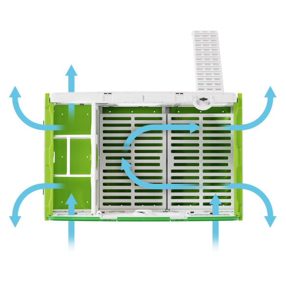 Diagram met luchtstroom en ventilatie voor geïsoleerd Eglu Pro kippenhok.