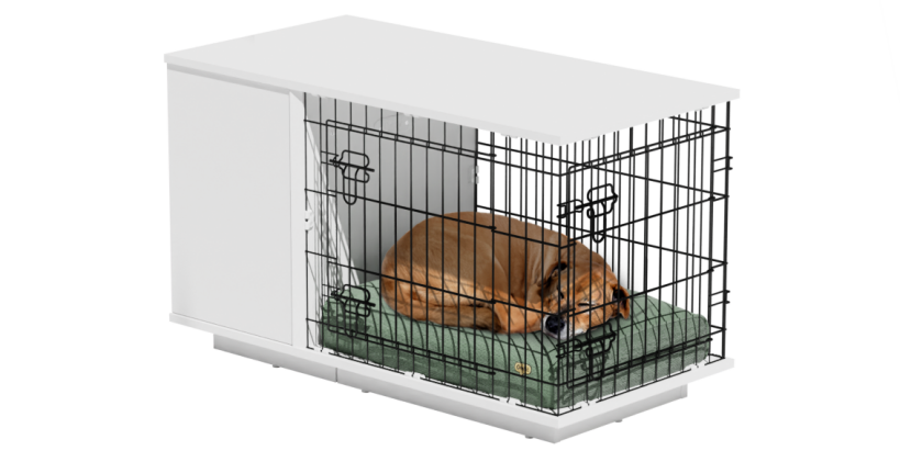 Hond slaapt in een hondenkrat